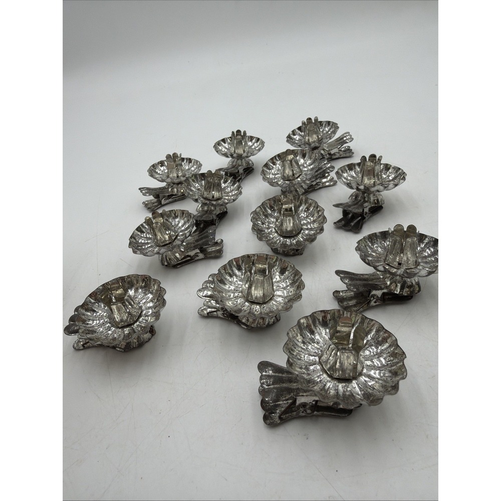 12 Vintage Christmas Tree Scalloped Silver Metal Clip-On Candle Holders MCM